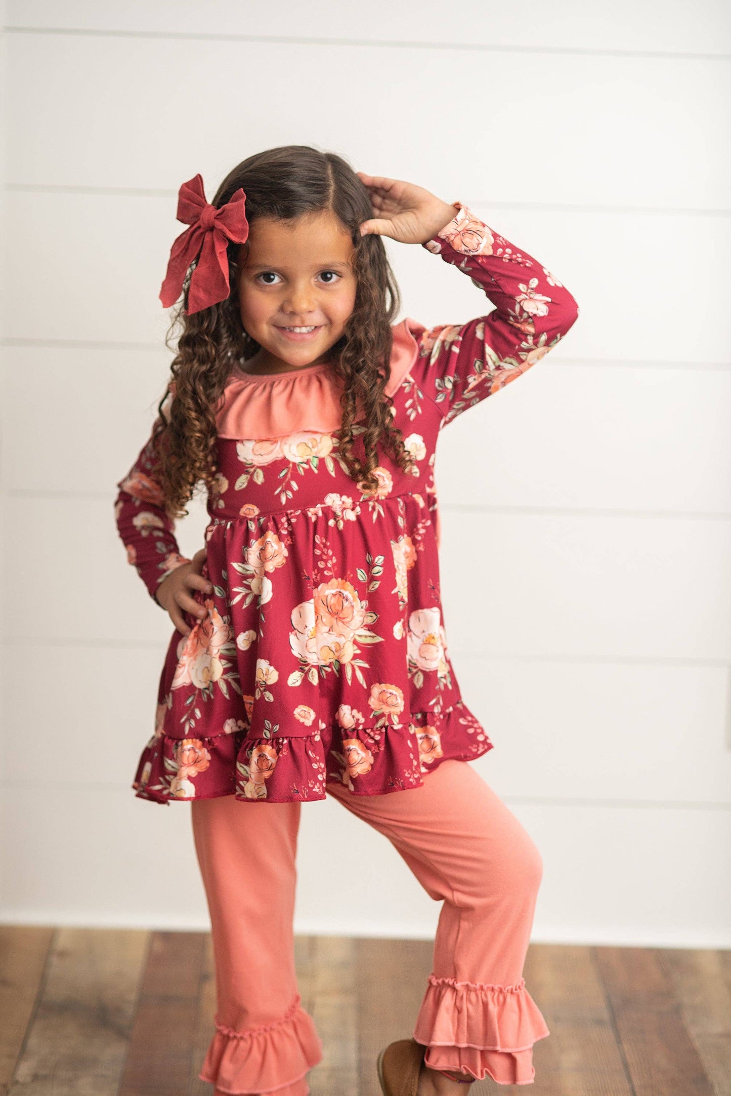 Kids Wine & Coral Floral Oversized Bow Top & Ruffle Pant Set