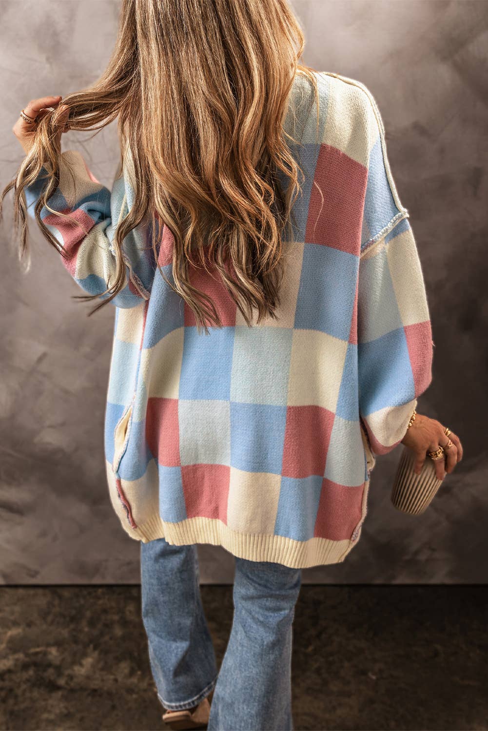 Checkered Exposed Seam Open Front Cardigan