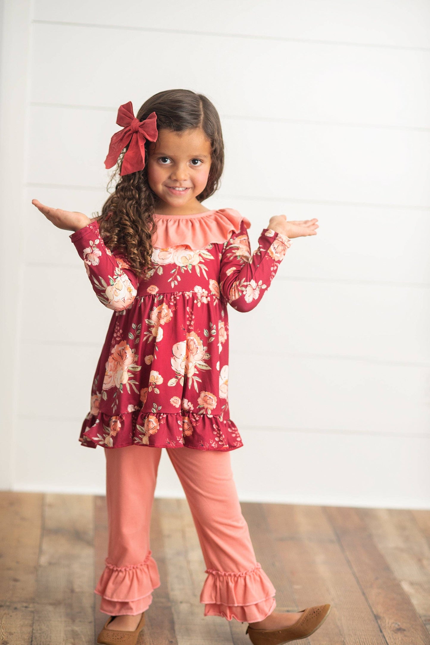 Kids Wine & Coral Floral Oversized Bow Top & Ruffle Pant Set