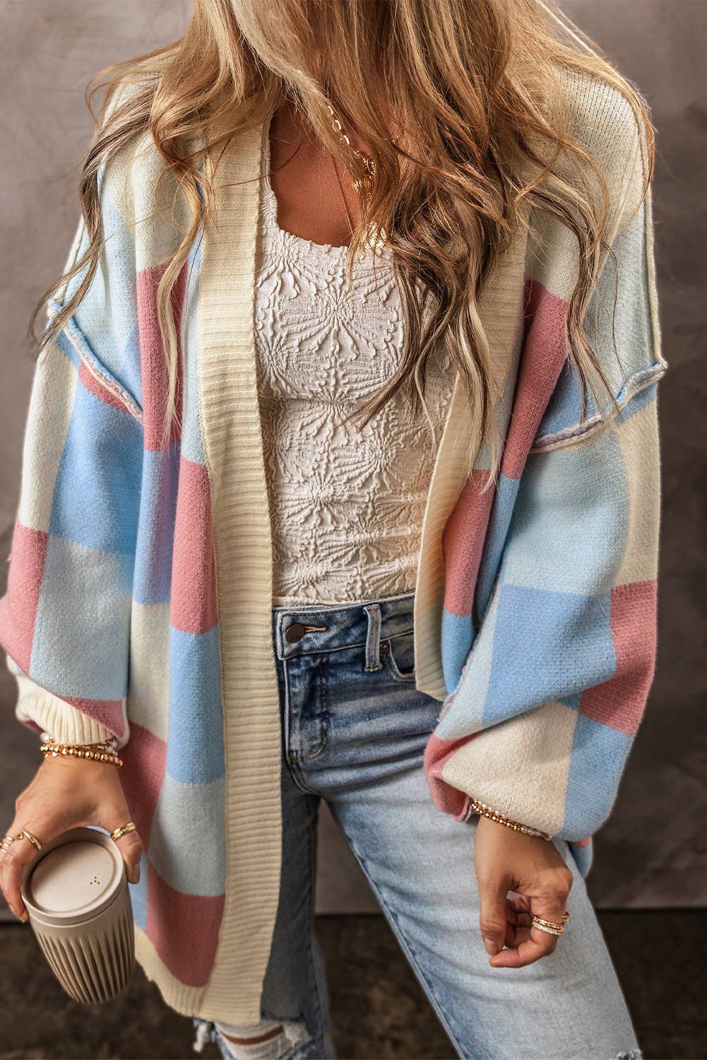 Checkered Exposed Seam Open Front Cardigan