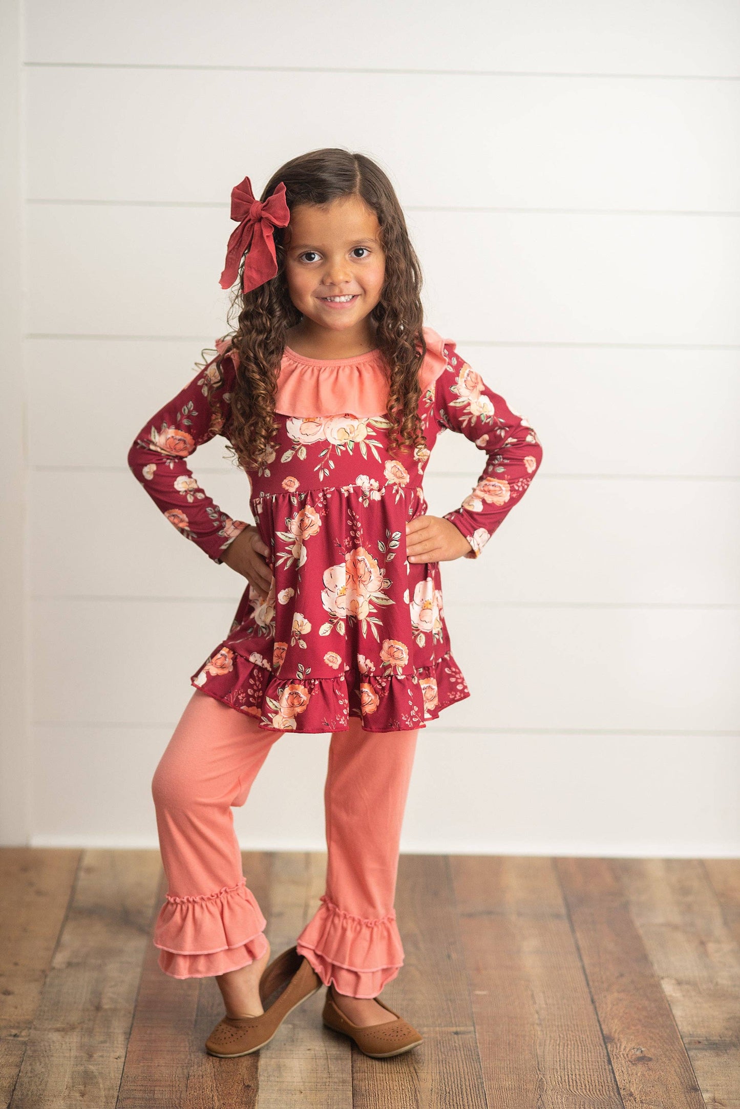Kids Wine & Coral Floral Oversized Bow Top & Ruffle Pant Set