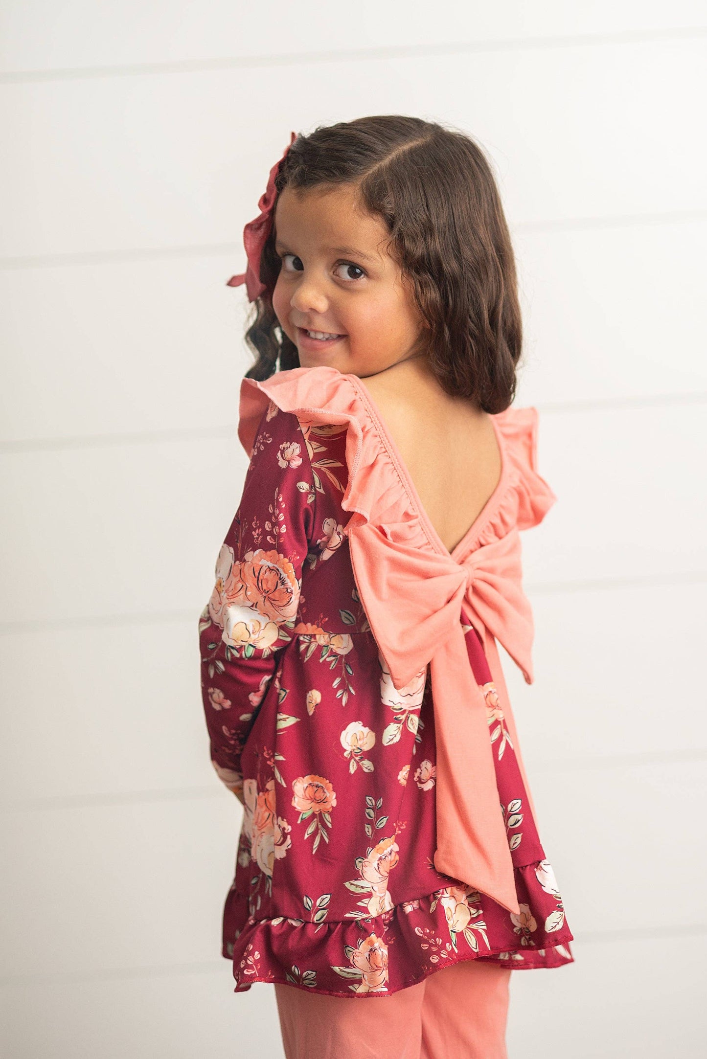 Kids Wine & Coral Floral Oversized Bow Top & Ruffle Pant Set