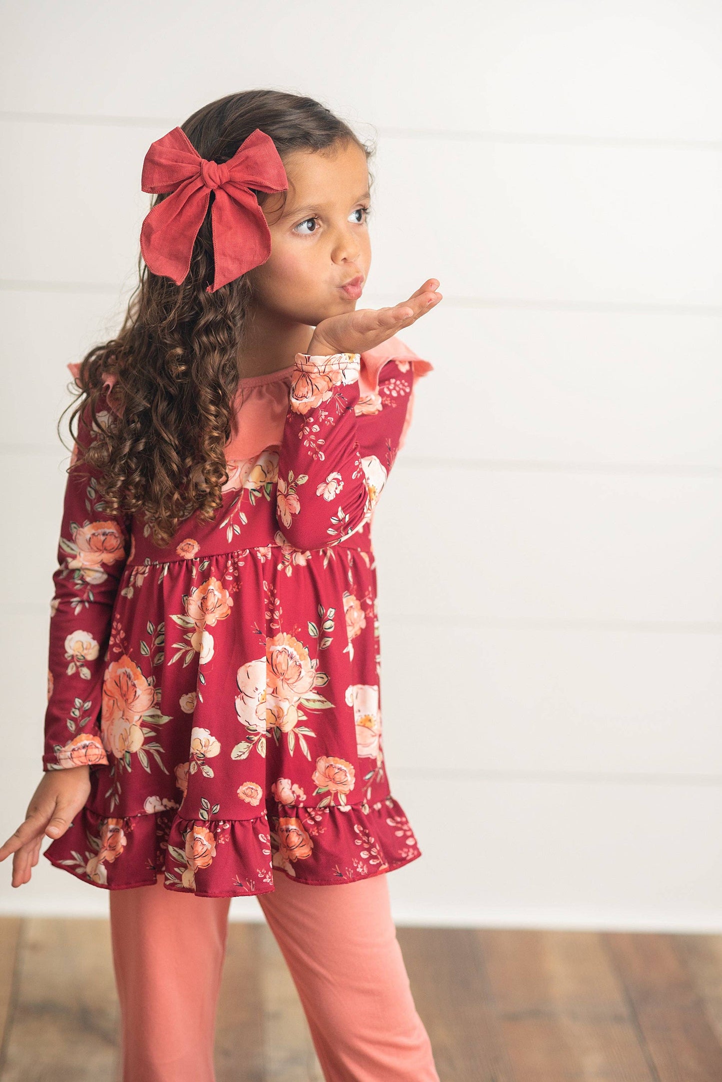 Kids Wine & Coral Floral Oversized Bow Top & Ruffle Pant Set
