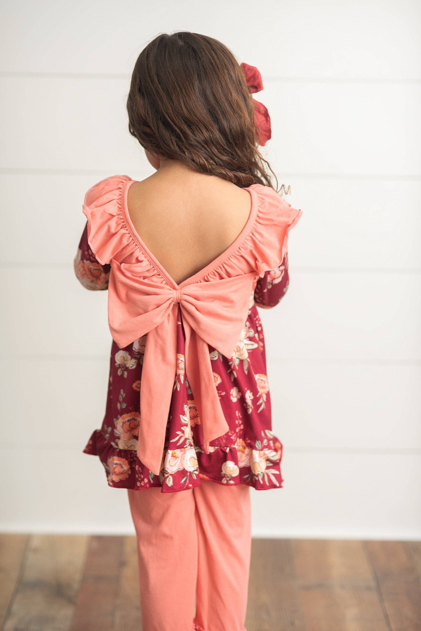 Kids Wine & Coral Floral Oversized Bow Top & Ruffle Pant Set