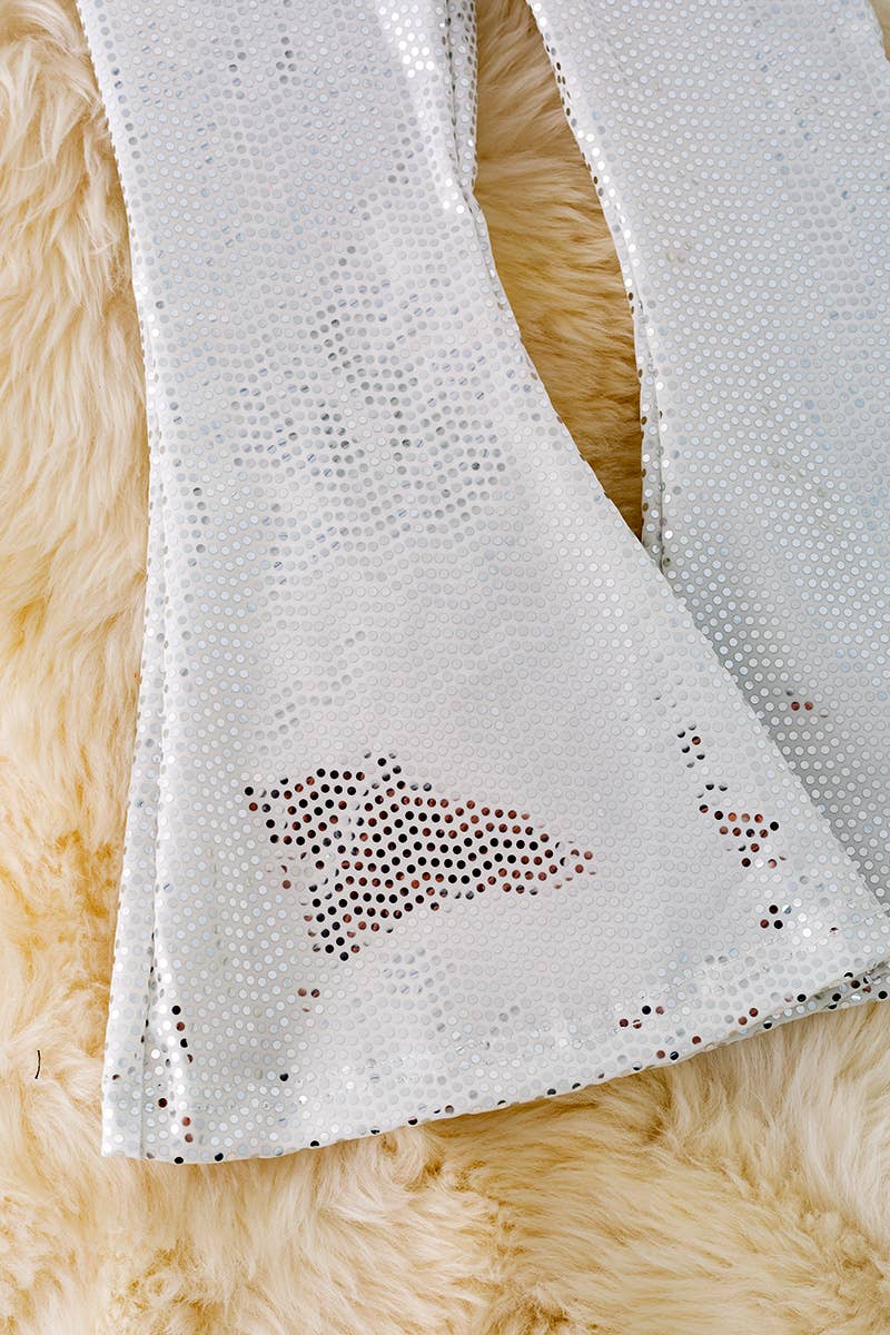 WHITE SHIMMERY BELL PANTS.